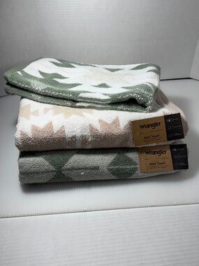 Wrangler 2 Bath Towels And Hand Towel Set, NWT Green Tan Aztec Western Country